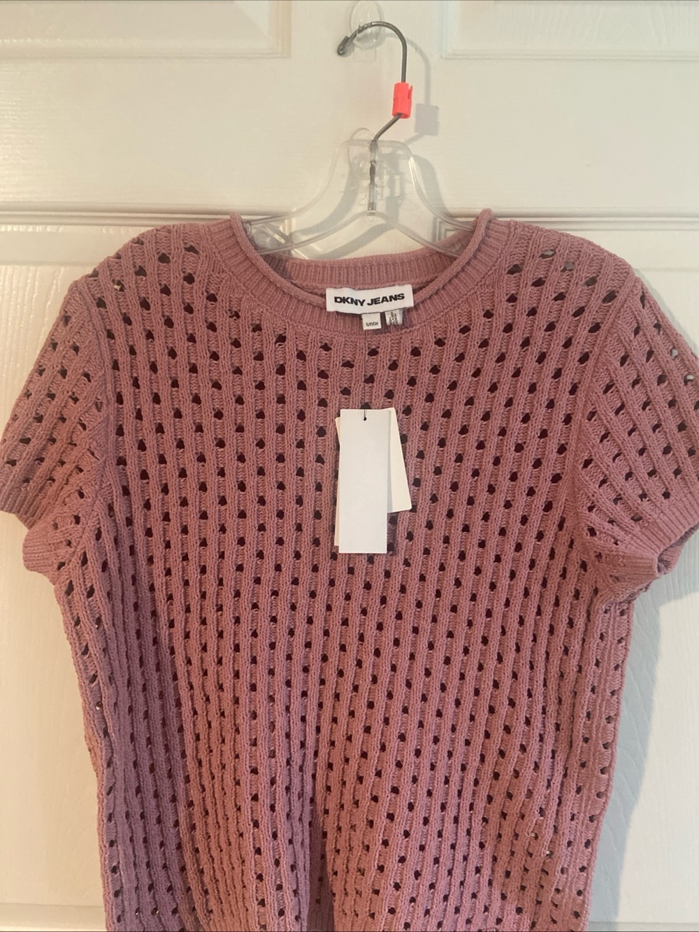 DKNY Pink Open-Knit Short Sleeve Crew Sweater